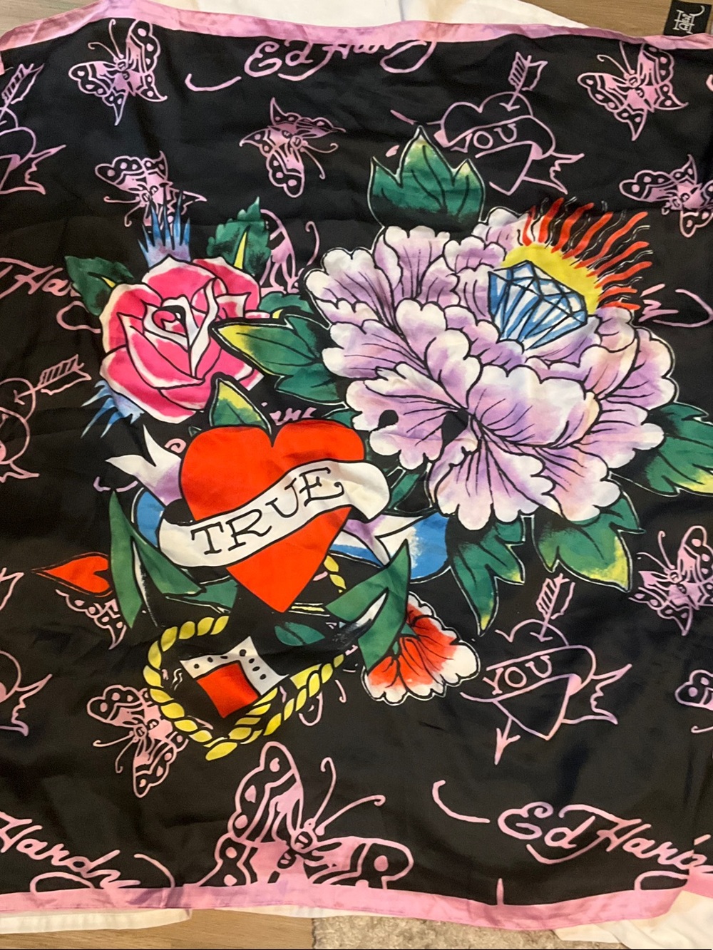 Ed Hardy Black Silk Scarf with Red Heart and Pastel Florals